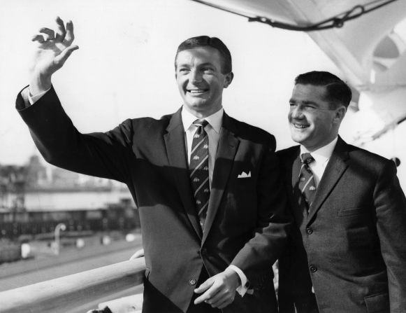 Richie Benaud and Neil Harvey (right), captain and vice captain respectively, of the 1961 Australian Team, on board the SS Himalaya as it sails into Tilbury.