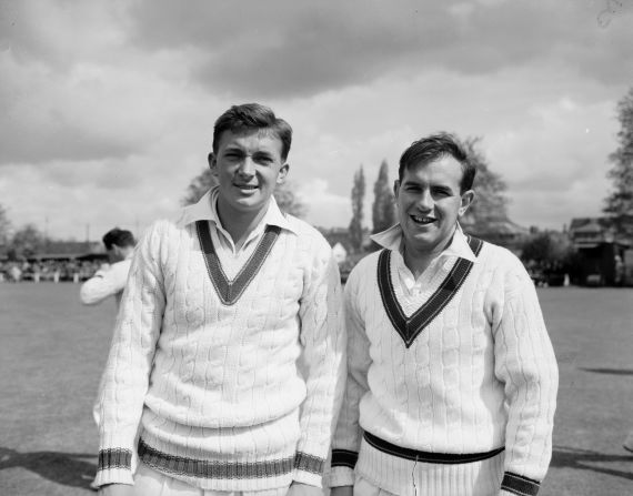 Australian cricketers C C McDonald (right) and Richie Benaud, who later became a cricket commentator, at Worcester, England.