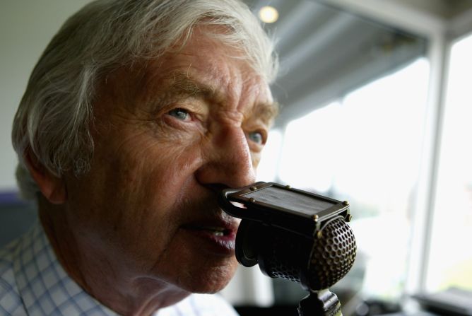 Legendary Australian cricketer and commentator Richie Benaud commentates in cricket match  between England and the West Indies on August 13, 2004 in Manchester, England. 