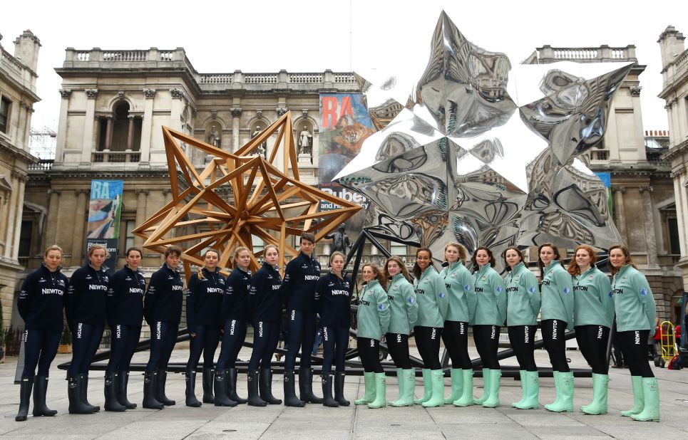 Oxford (left) and Cambridge University's women's teams pose for a publicity shot ahead of this year's historic race on London's River Thames. This year is the first time that the Women's Boat Race has been held on the same day and on the same course as the men's race.