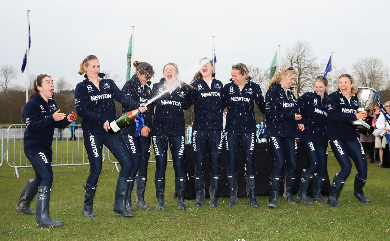 Oxford celebrate winning the race held at Henley-on-Thames in 2014. The Women's Boat Race has been raced at the famous rowing venue 40 miles west of London since the 1970s. 