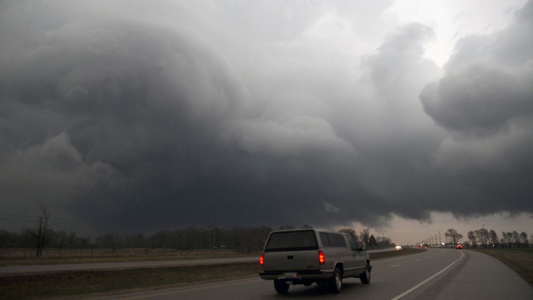 A storm moves over U.S. Route 20 in Belvidere, Illinois, on April 9.