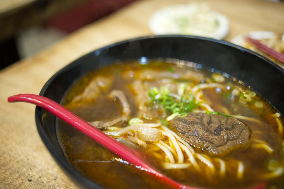 Unlike many red braised broths, Mien Mien's Sze-chuan (Sichuan) beef bone noodle soup is searingly spicy. 