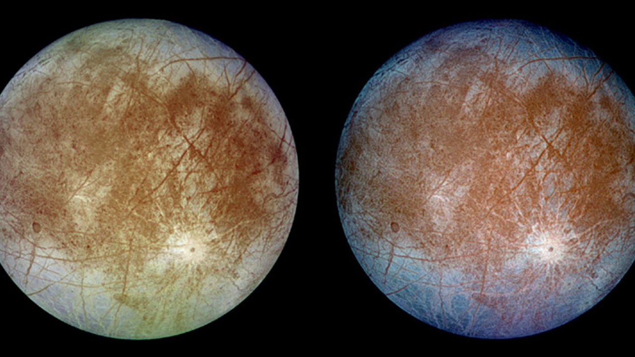 The trailing hemisphere (the side that faces away from its direction of motion) of Jupiter's moon Europa was captured by the Galileo spacecraft. The left image shows Europa in approximately true color and the right image shows Europa in enhanced color to bring out details. NASA data suggest that Europa has a subsurface ocean. 