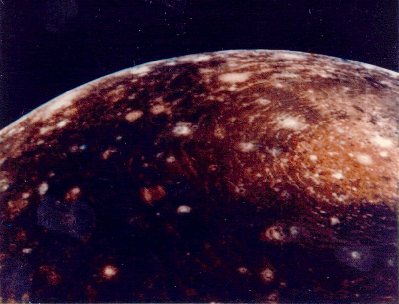 Voyager 1 captured this image of Jupiter's moon Callisto. Scientists have detected ice and carbon dioxide on its surface. 