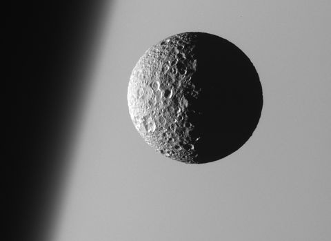 Mimas, the smallest and closest of Saturn's eight main moons, is heavily cratered and has a low density that suggests it is mostly <a href="http://saturn.jpl.nasa.gov/science/moons/mimas/" target="_blank" target="_blank">composed of water ice</a>. The moon's main 88-mile-long crater makes it resemble "Death Star" from "Star Wars Episode IV."  <br />