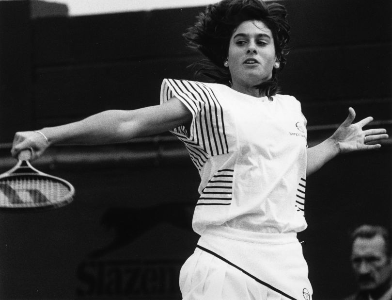 Argentine tennis player Gabriela Sabatini opts for a graphic design during the 1985 Wimbledon Championships.