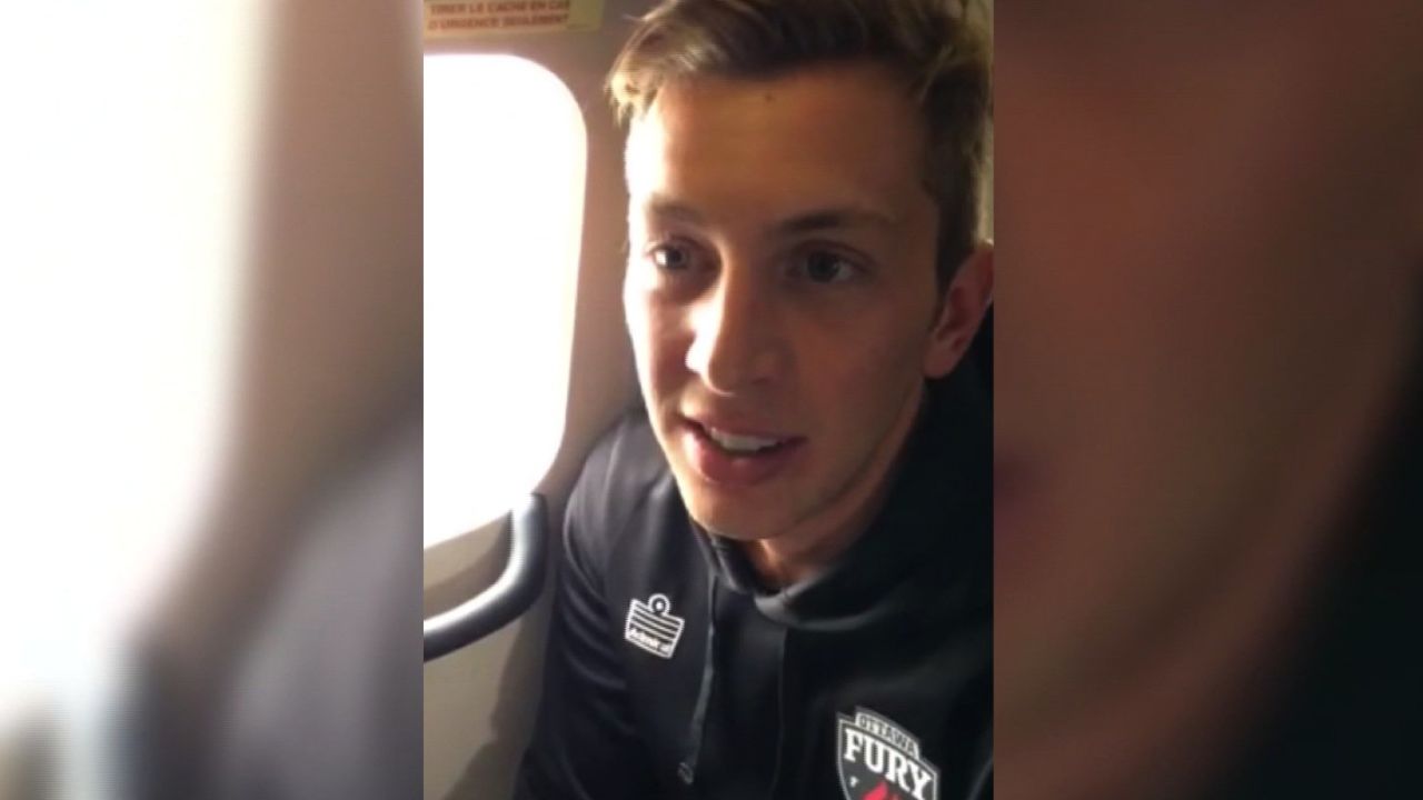 Ottawa Fury Forward Oliver Minatel, 22, a passenger on an Atlanta-bound Air Canada flight, told a CNN reporter on the plane Friday, April 10, 2015, that a stranger sitting behind him tried to choke him. Minatel said he was sleeping on Air Canada Flight 8623 from Toronto when he felt something around his neck. "With a rope, something that he has, he just jumped on me. That's what happened, " Minatel told CNN's Paula Newton moments after the incident.
