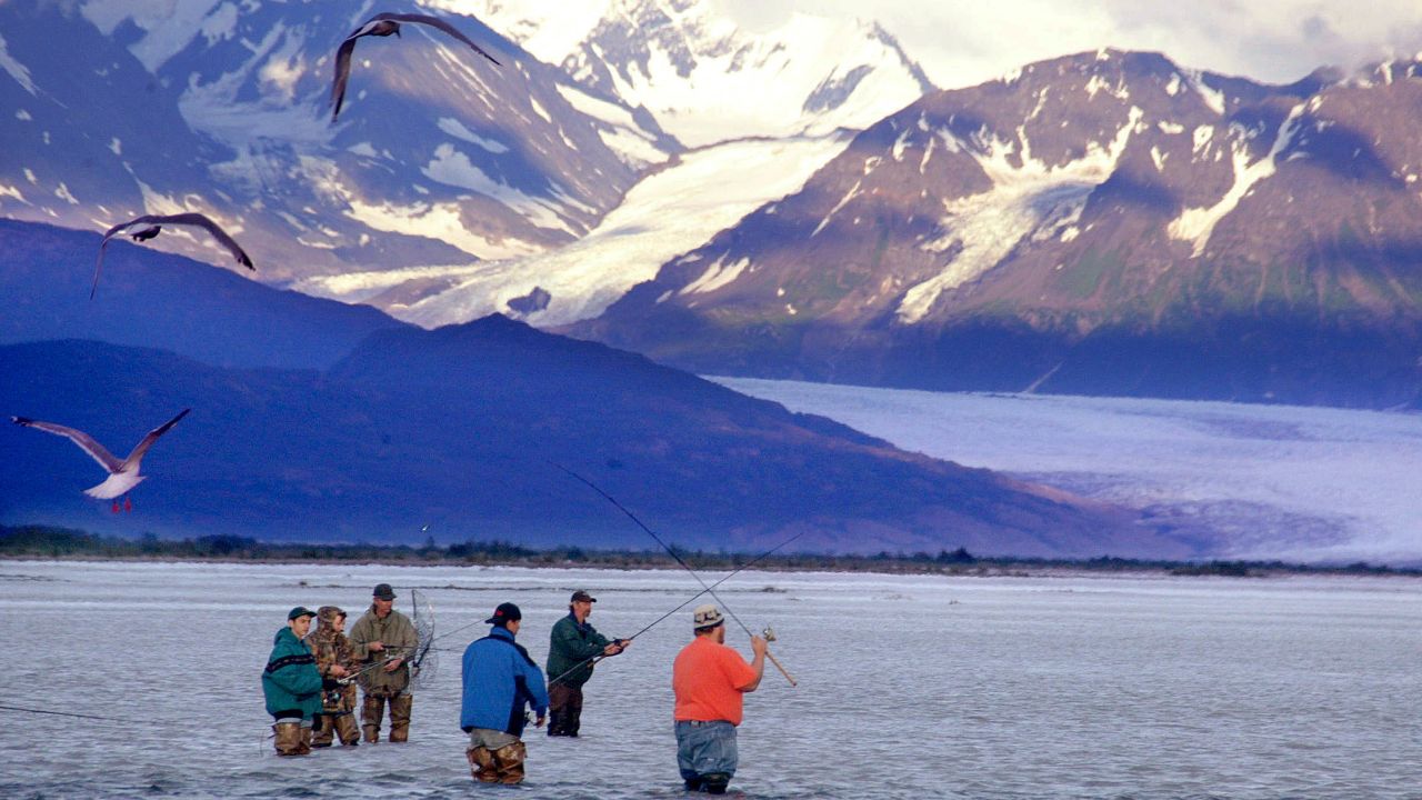 A group of fishermen with the Knik Glacier in the background in 2003.