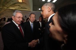 President Barack Obama shakes hands with Cuban leader Raul Castro on Friday in Panama City, Panama. 