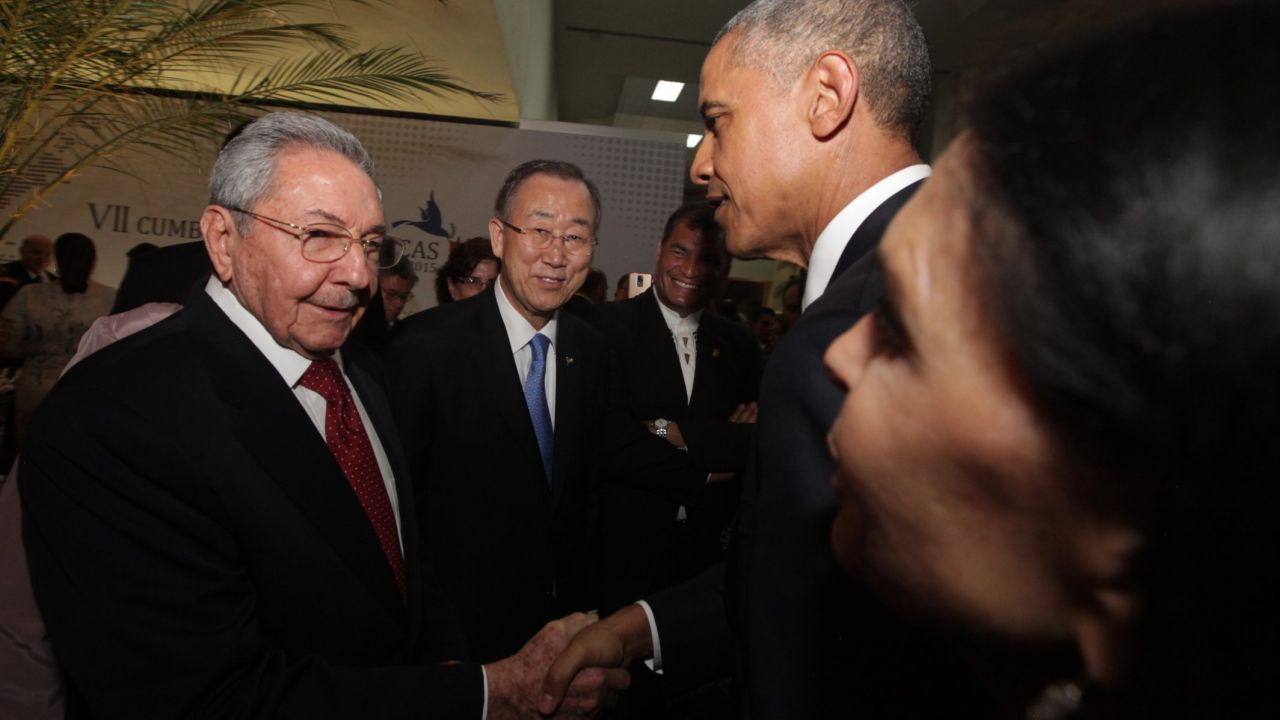 President Barack Obama shakes hands with Cuban leader Raul Castro on Friday in Panama City, Panama. 