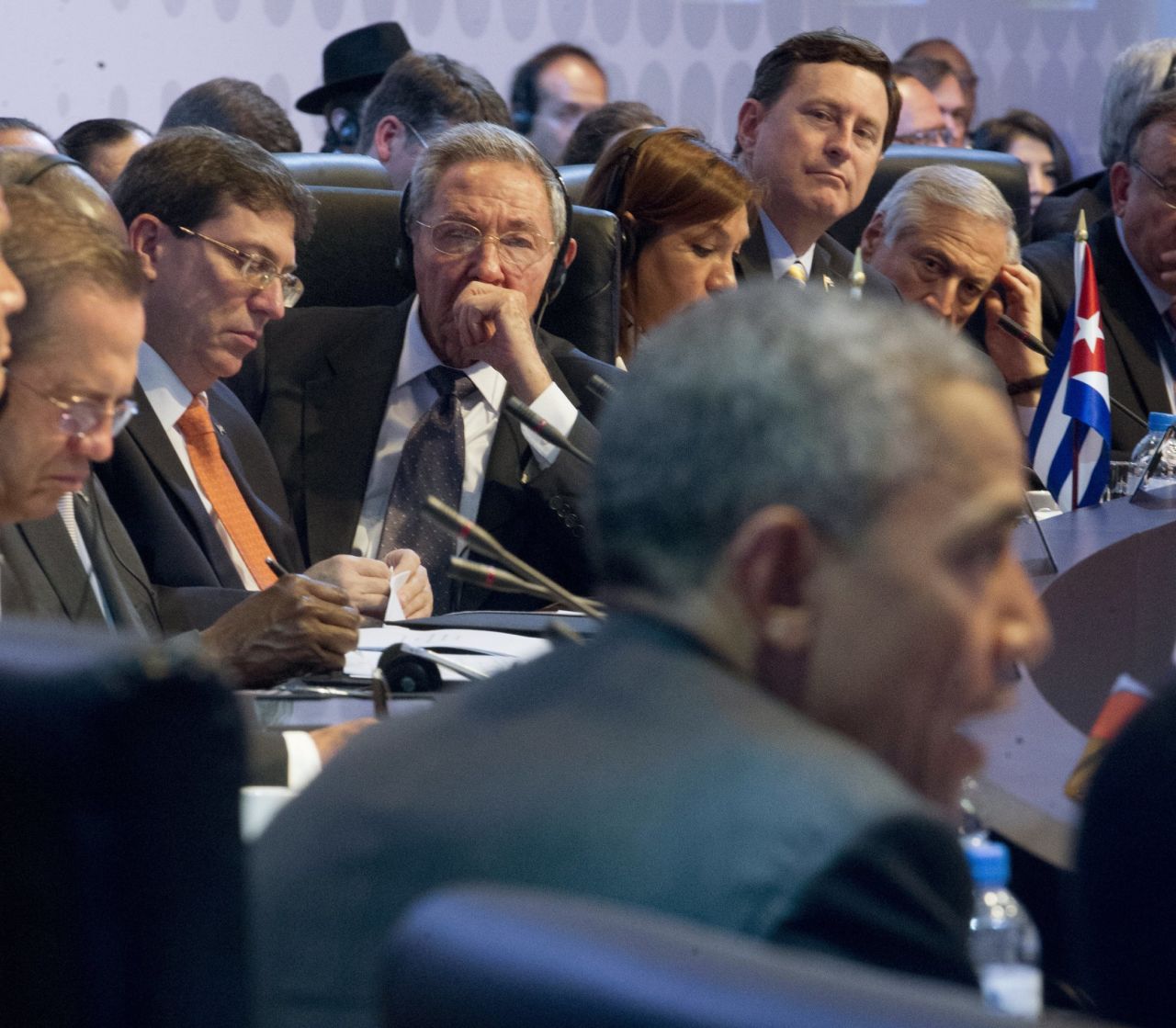 Obama joins other world leaders for the opening plenary of the Summit of the Americas on April 11. Castro, center, and Cuban Foreign Minister Bruno Rodriguez, left, are among those listening to Obama's remarks.