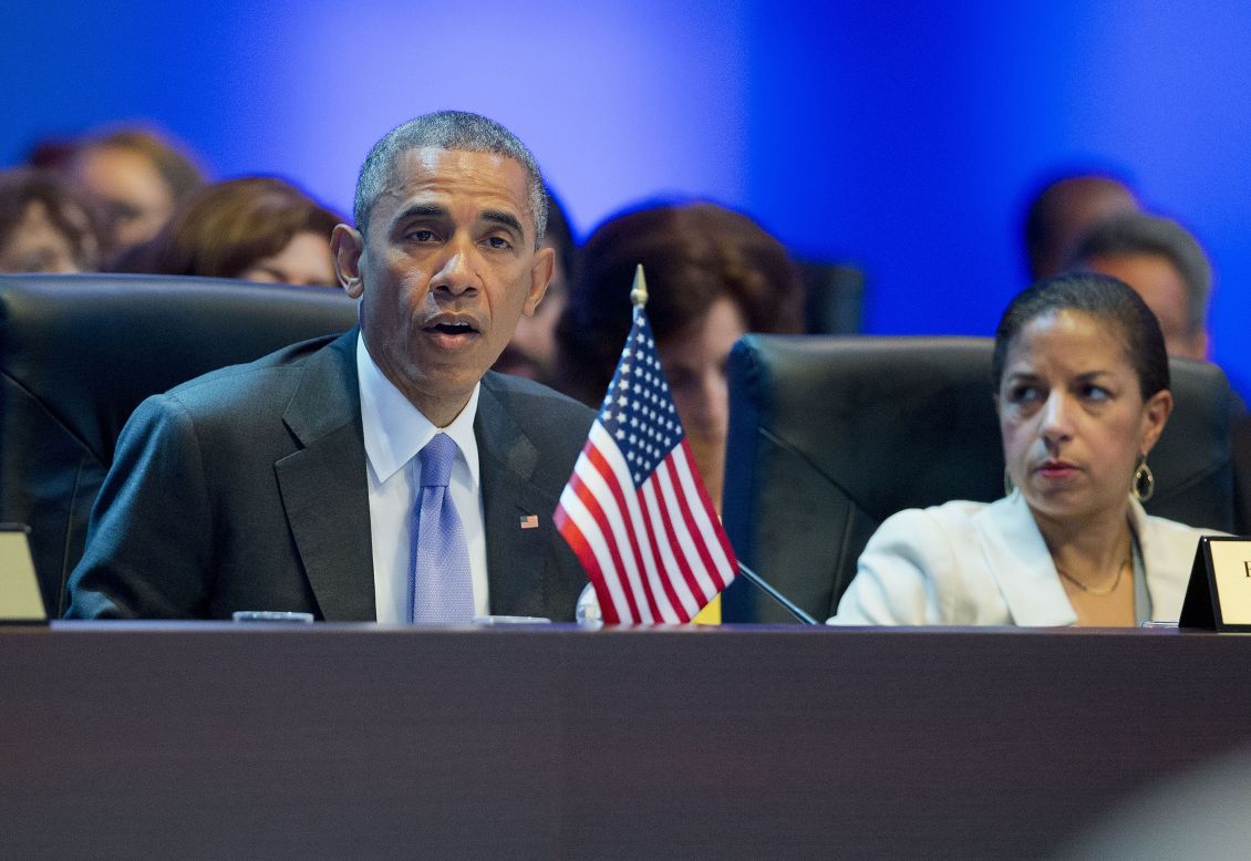 Obama addresses the opening plenary of the Summit of the Americas on April 11. Susan Rice, the U.S. national security adviser, is at right.