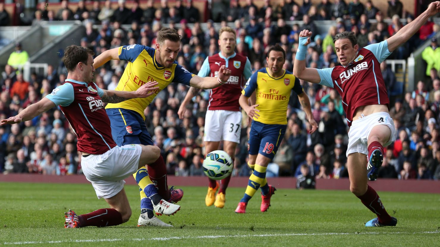 Aaron Ramsey fires Arsenal ahead against Burnley in the English Premier League. 