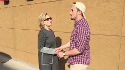 Hillary Clinton meets Chris Learn, a 19-year-old Penn State student, on a break during her road trip from New York to Iowa.