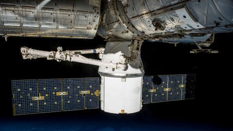The SpaceX Dragon spacecraft carries supplies to the International Space Station.