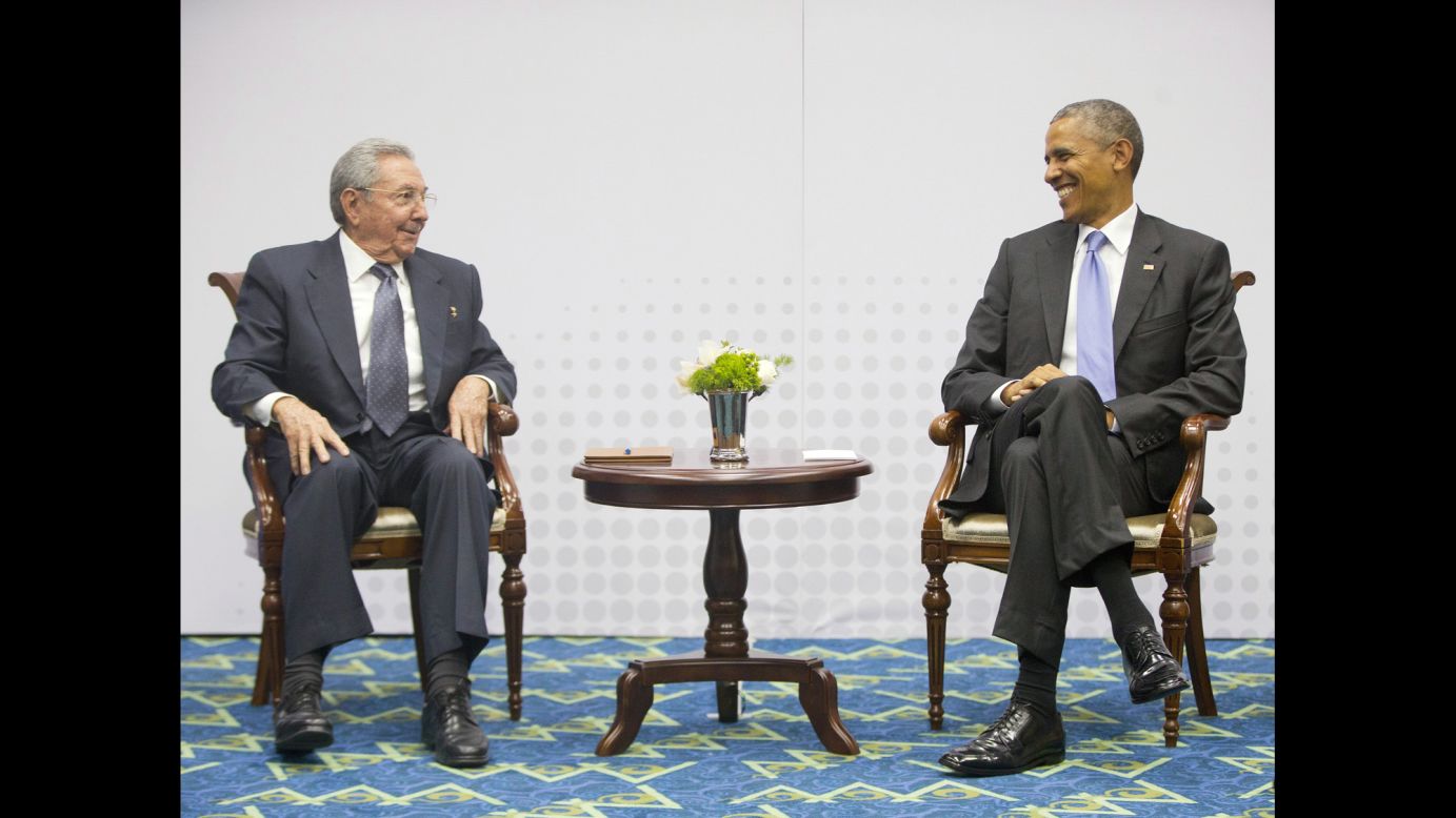 President Barack Obama holds a joint press meeting with Cuban President Raul Castro at the VII Summit of the Americas in Panama City, Panama, on Saturday, April 11. Regional leaders gathered for the historic summit that saw <a href="http://www.cnn.com/2015/04/11/politics/panama-obama-castro-meeting/index.html">U.S. and Cuban leaders sit face to face</a> for the first time in more than 50 years. In December, Obama announced he was seeking to renew diplomatic ties with Cuba after half a century of strife, including eventually opening embassies in Washington and Havana.