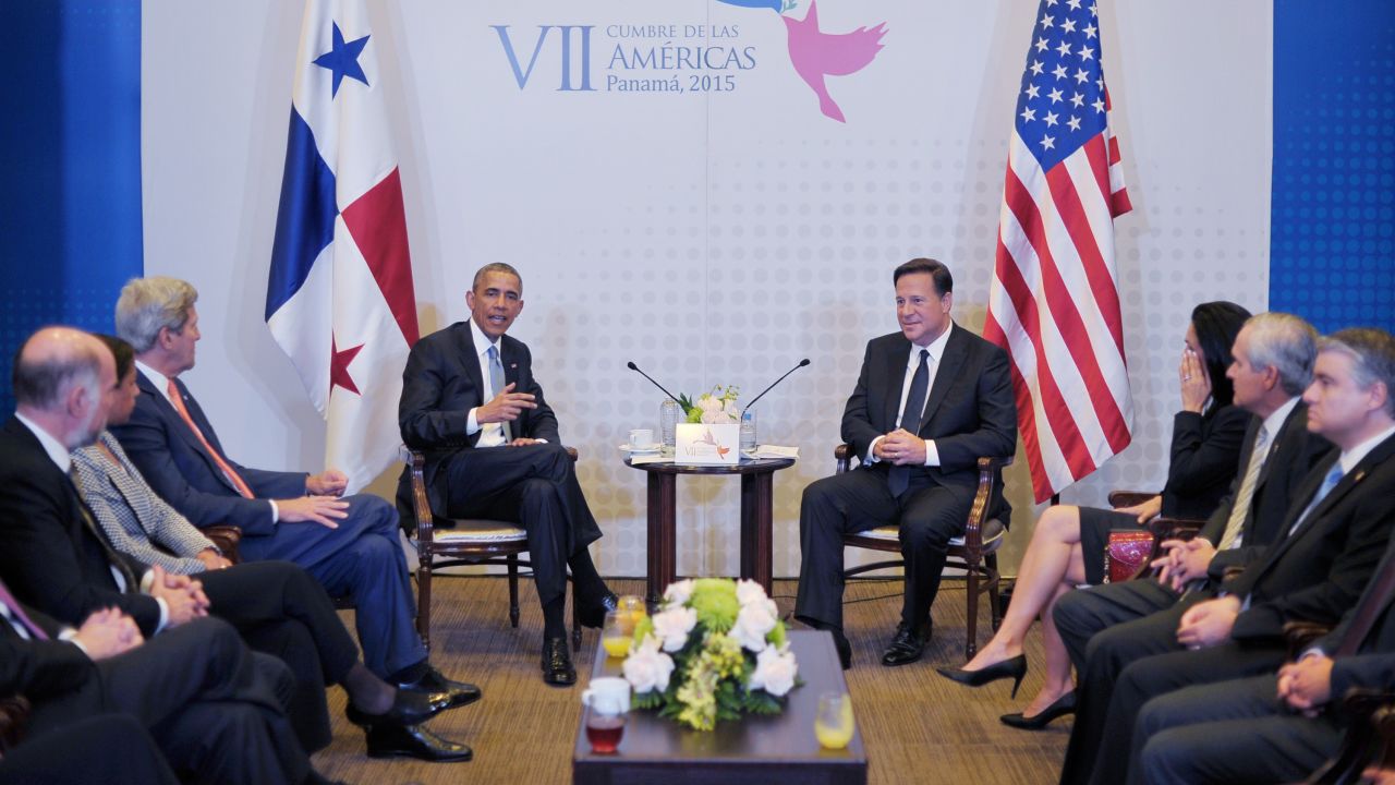 Obama holds a bilateral meeting with Panamanian President Juan Carlos Varela in Panama City on April 10.