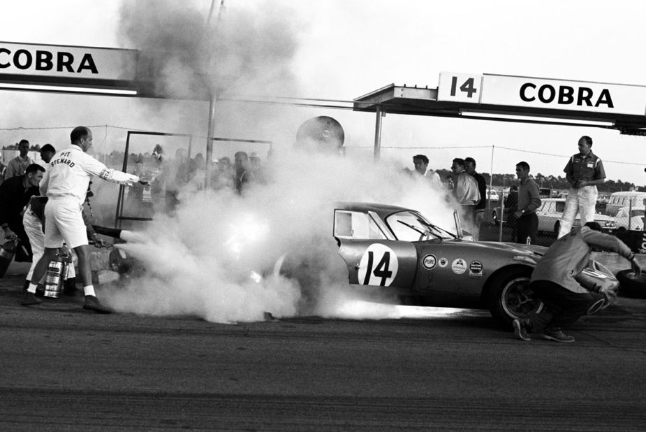 The CSX2287 catches fire in the pit lane during its first race in Daytona, in 1964.