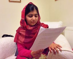 Malala Yousafzai, reading her open letter to kidnapped Nigerian schoolgirls to mark the anniversary of their abudction.