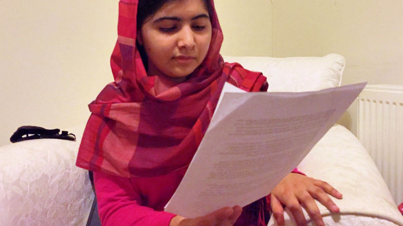 Malala Yousafzai, reading her open letter to kidnapped Nigerian schoolgirls to mark the anniversary of their abudction.