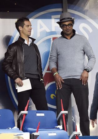 Is French tennis player Richard Gasquet (L) eyeing up a music career? Here he is with former Roland Garros winner Yannick Noah (R) -- who's now a French pop sensation -- hanging out before the start of football's French League Cup final, where Paris Saint-Germain beat Bastia 4-0 to lift the trophy.