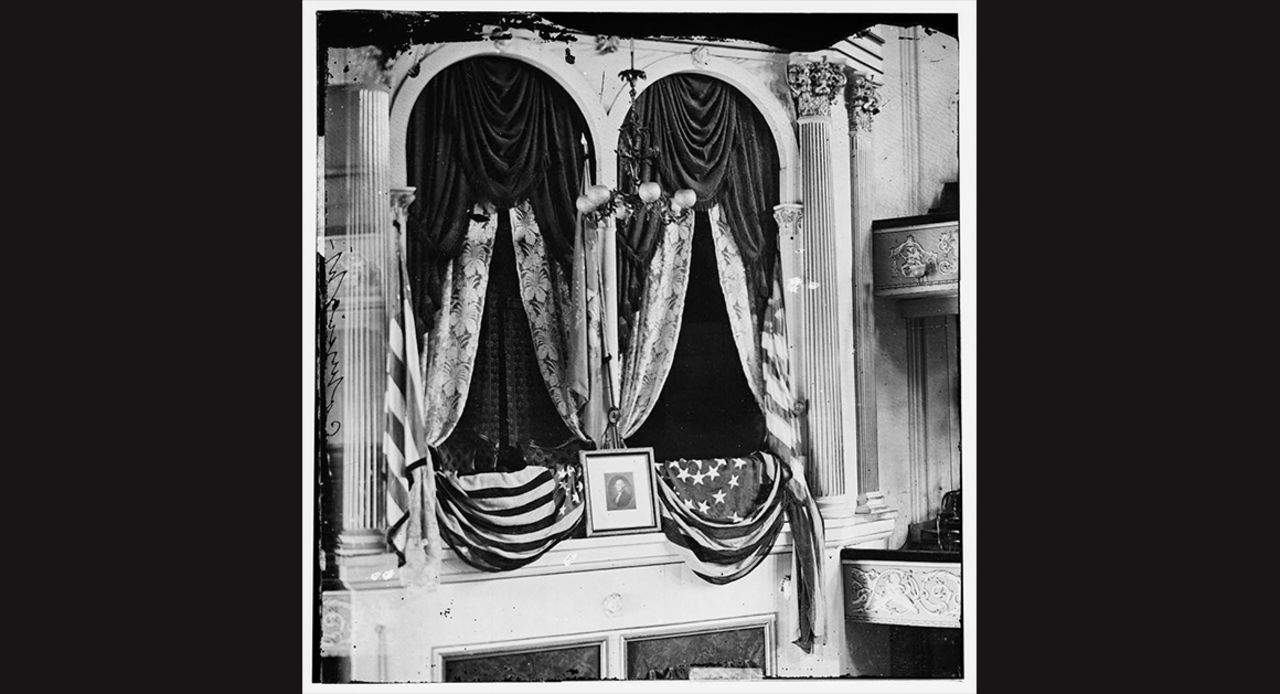 The State Box at Ford's Theatre was photographed shortly after Lincoln's assassination on April 14, 1865. The president was seated in the box with first lady Mary Todd Lincoln and two guests.
