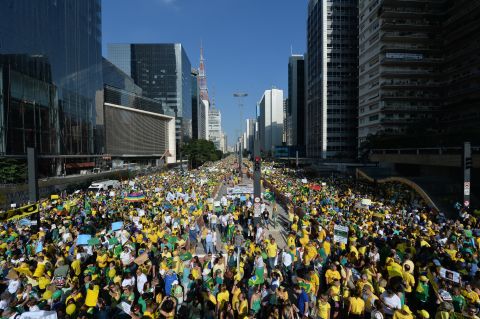 Demonstrators protest along Paulista Avenue.