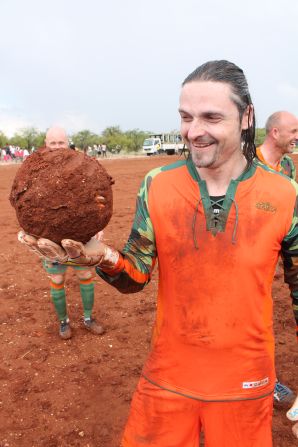 This is what an ordinary football looks like -- after it has been used to play a game on a rain-soaked clay pitch. Pfannenstiel explains: "It is normally a very hard, dusty field with red sand but heavy rain made it into a clay field. The ball is a Bundesliga matchball, but the clay got around the ball and it weighed around three kilograms. Some kids washed a second ball so we could change them once in a while, but it was crazy conditions."