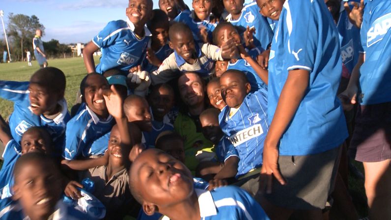 Having retired as a professional player, Pfannenstiel now works in international relations and scouting for German Bundesliga club TSG Hoffenheim, which donated the shirts worn by these children.