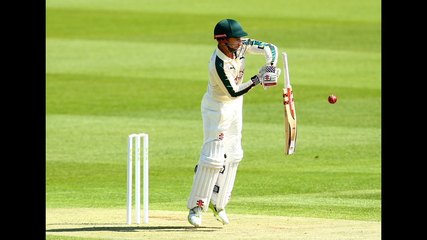 James Taylor, who plays for the Nottinghamshire cricket club in England, drops his bat during a County Championship match played Sunday, April 12, in London.