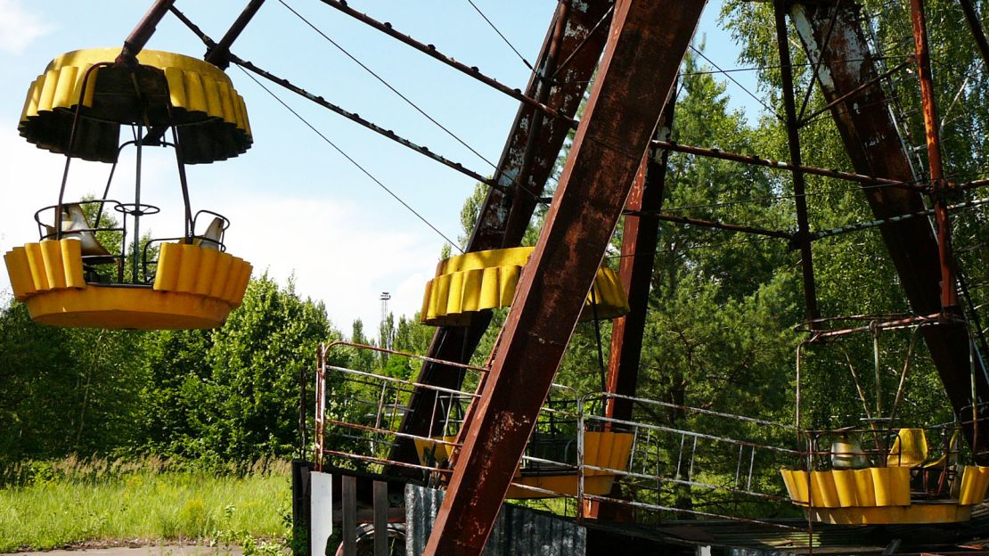 The boarding point of Pripyat's unmoving fairground wheel.