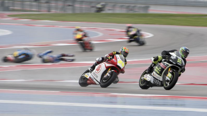 Moto2 rider Alex Marquez falls off his bike during an open practice session Friday, April 10, in Austin, Texas. He would go on to finish 15th in the race a couple of days later.