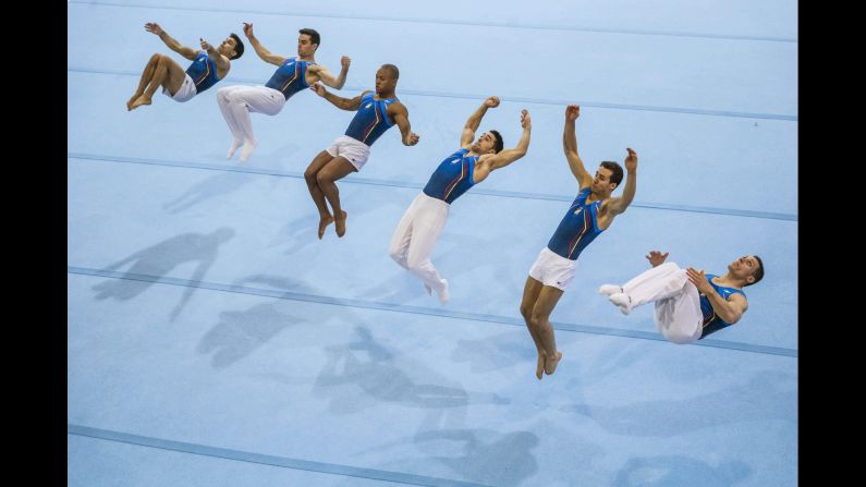 Members of the Spanish gymnastics team train together in Madrid on Thursday, April 9.