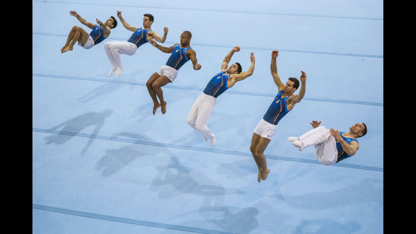 Members of the Spanish gymnastics team train together in Madrid on Thursday, April 9.