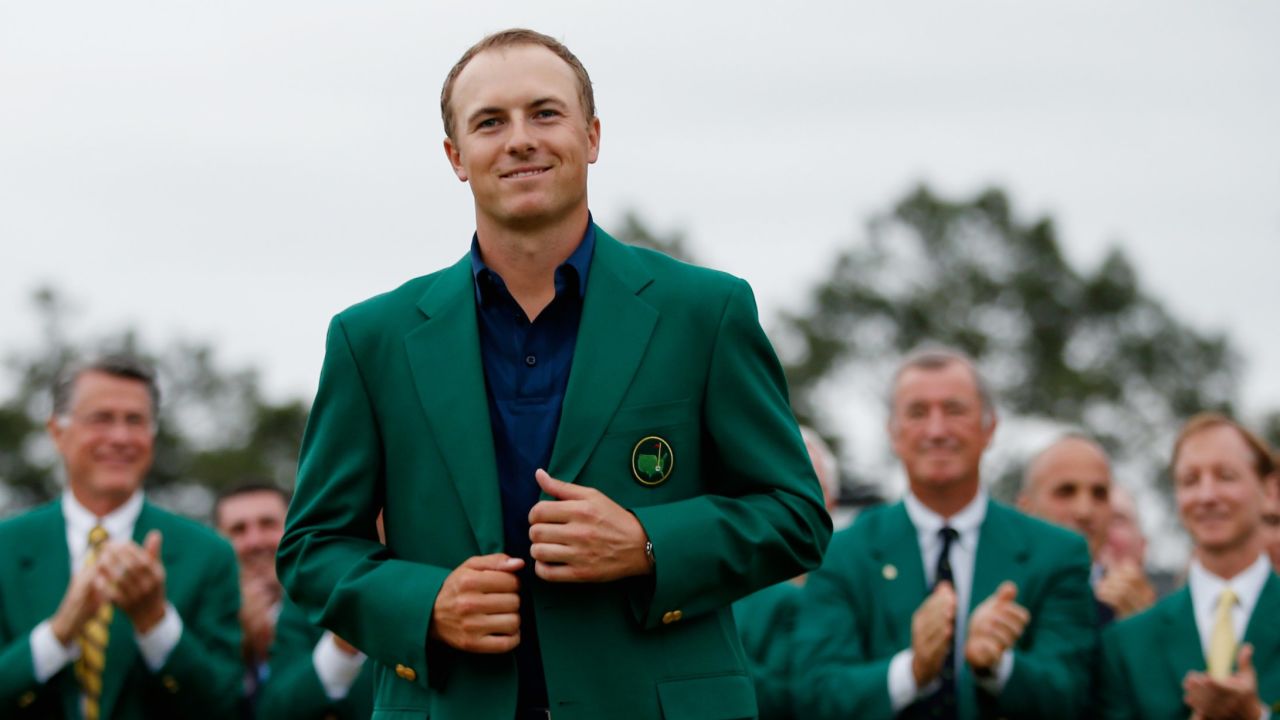 Spieth settles into his green jacket after victory in 2015.