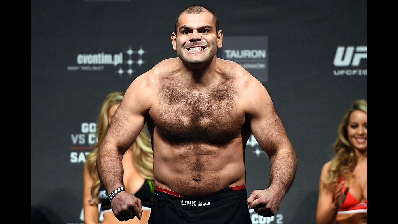 UFC fighter Gabriel Gonzaga flexes during a weigh-in Friday, April 10, in Krakow, Poland.