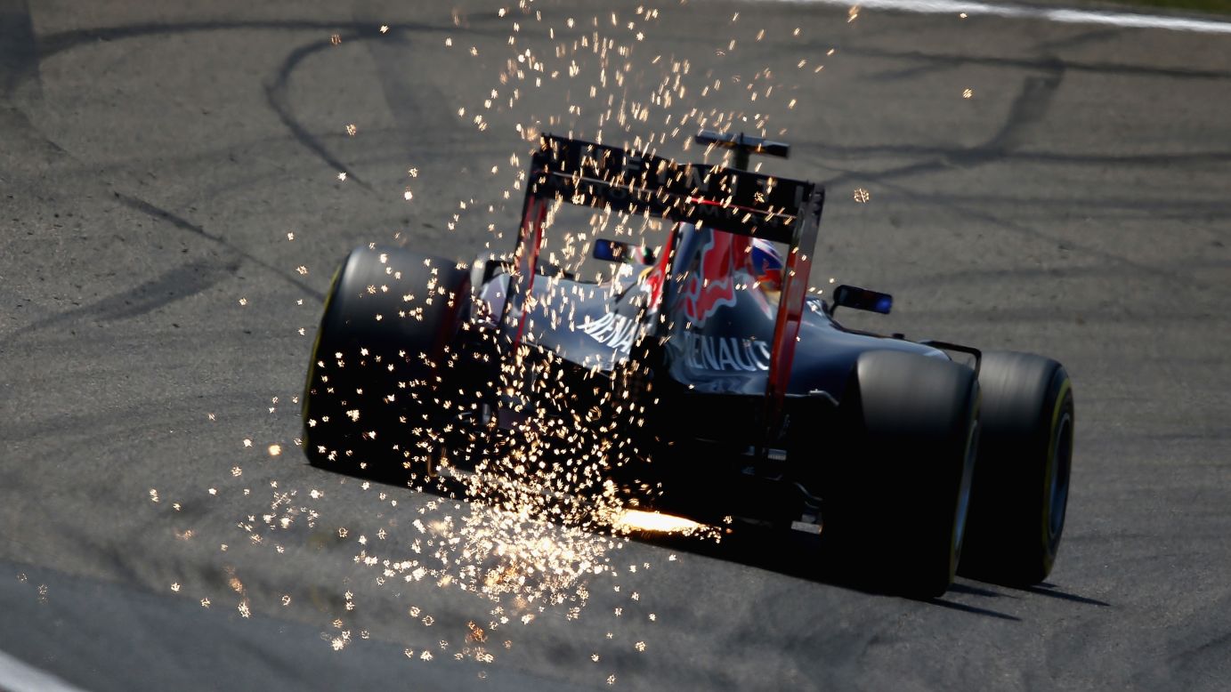 Sparks fly from Daniel Ricciardo's Formula One car during practice for the Grand Prix of China on Saturday, April 11.
