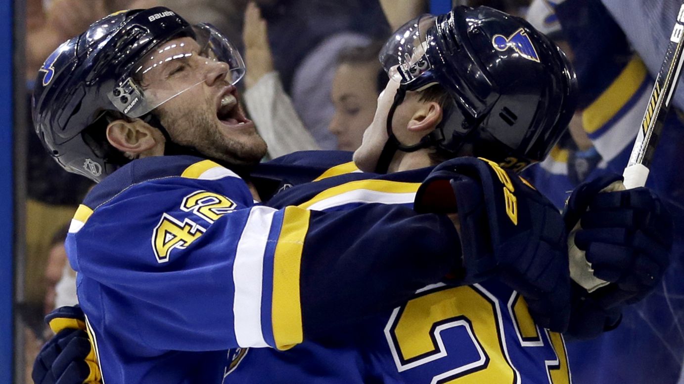 Dmitrij Jaskin, right, is congratulated by St. Louis Blues captain David Backes after he scored against Chicago on Thursday, April 9. The Blues' 2-1 victory clinched the Central Division title.