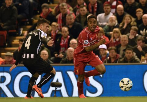Raheem Sterling (right) scored Liverpool's opening goal in Monday's 2-0 win at home to Newcastle, running into the visitors' penalty area and curling in a superb shot. 
