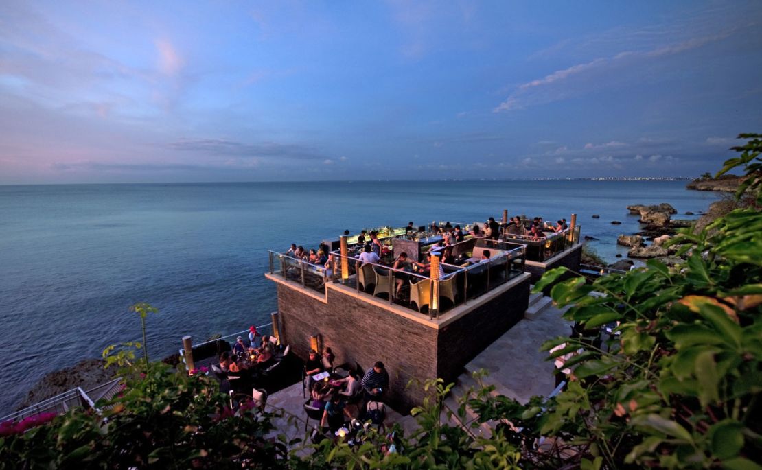 Guests must ride a cable car down a cliff face to arrive at this bar perched 46 feet above the Indian Ocean.