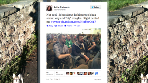 Not long after Adria Richards posted this photo of two unnamed men at a tech conference, calling them out for a joke she overheard, the one on the left was fired. "I did not mean to offend anyone," <a href="https://news.ycombinator.com/item?id=5398681" target="_blank" target="_blank">he apologized</a>. Then Richards was sent death threats, and her employer's servers were attacked. She was soon fired, too. <a href="http://allthingsd.com/20130327/fired-sendgrid-developer-evangelist-adria-richards-speaks-out/" target="_blank" target="_blank">In a statement, she said</a> that "I want to be an integral part of a diverse, core group of individuals that comes together in a spirit of healing and openness to devise answers to the many questions that have arisen in the last week."
