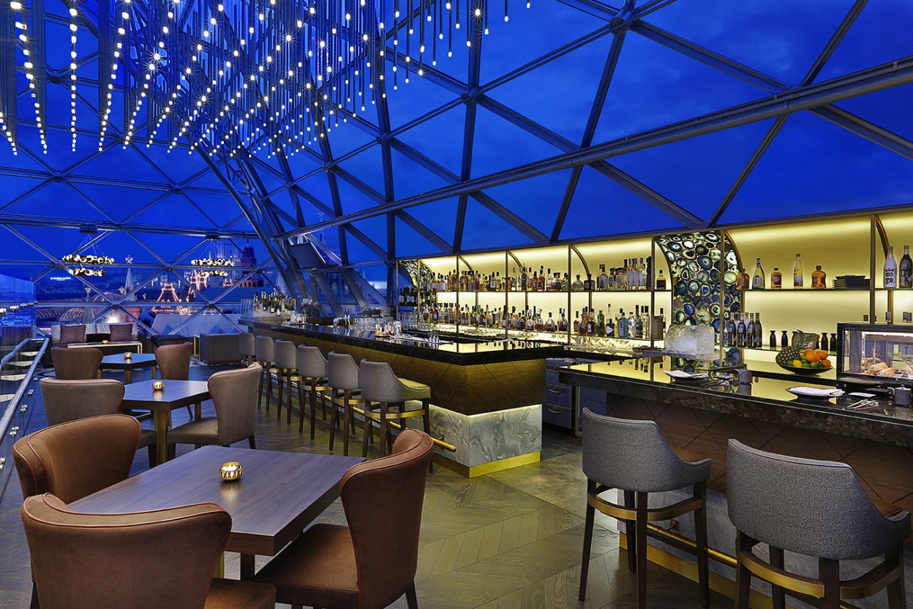 This bar is located on the top floor of the Ritz-Carlton Moscow and has spectacular views over Red Square, the Kremlin, Spasskaya tower and the Cathedral of Christ the Savior.