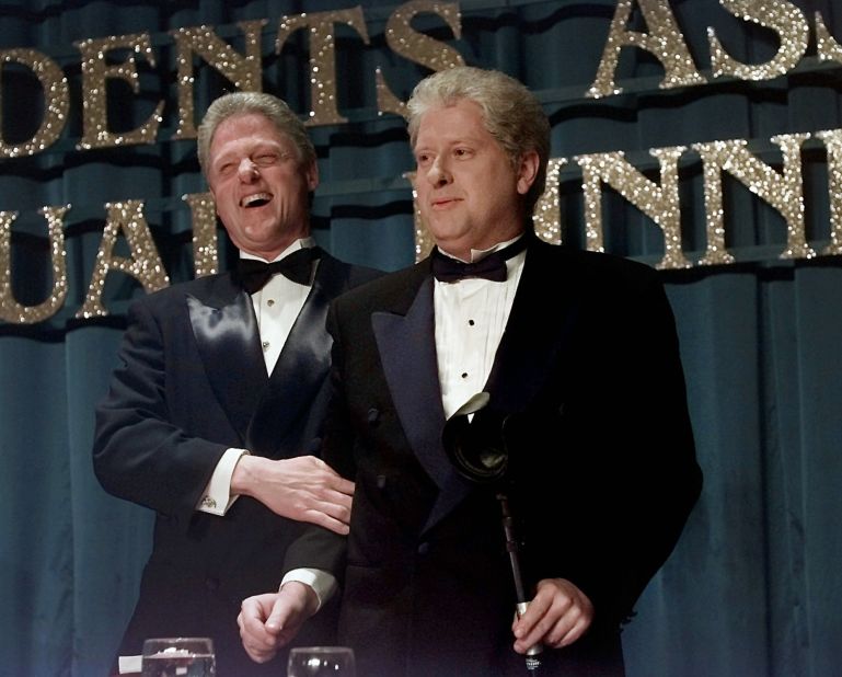 President Bill Clinton laughs with lookalike Darrell Hammond at the annual dinner of the Radio and Television Correspondents' Association in 1997. Hammond portrayed Clinton on "Saturday Night Live."