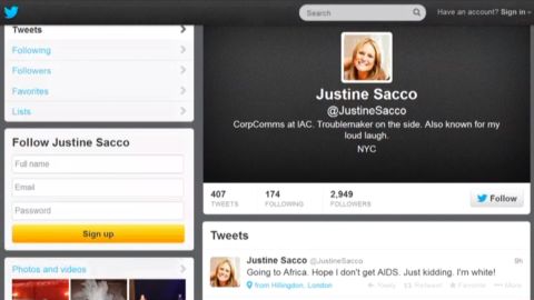 PR executive Justine Sacco was fired after a 2013 tweet, intended as a joke, went viral. "Words cannot express how sorry I am, and how necessary it is for me to apologize to the people of South Africa, who I have offended due to a needless and careless tweet," <a href="http://www.theguardian.com/world/2013/dec/22/pr-exec-fired-racist-tweet-aids-africa-apology" target="_blank" target="_blank">she said in a statement</a>. 