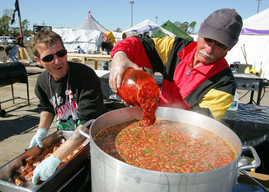Volunteers from Emergencycommunities.org prepare an extra-large portion of the traditional Cajun meal of red beans and rice in Arabi, St. Bernard Parish, Louisiana. 