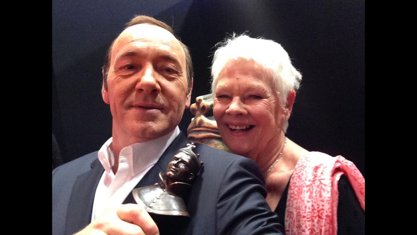 Actor Kevin Spacey holds an Olivier Award he won in London on Sunday, April 12. "Amazing night. Thanks to Judi Dench for presenting my Olivier!" <a href="https://twitter.com/KevinSpacey/status/587588149100077056" target="_blank" target="_blank">Spacey said on Twitter.</a>