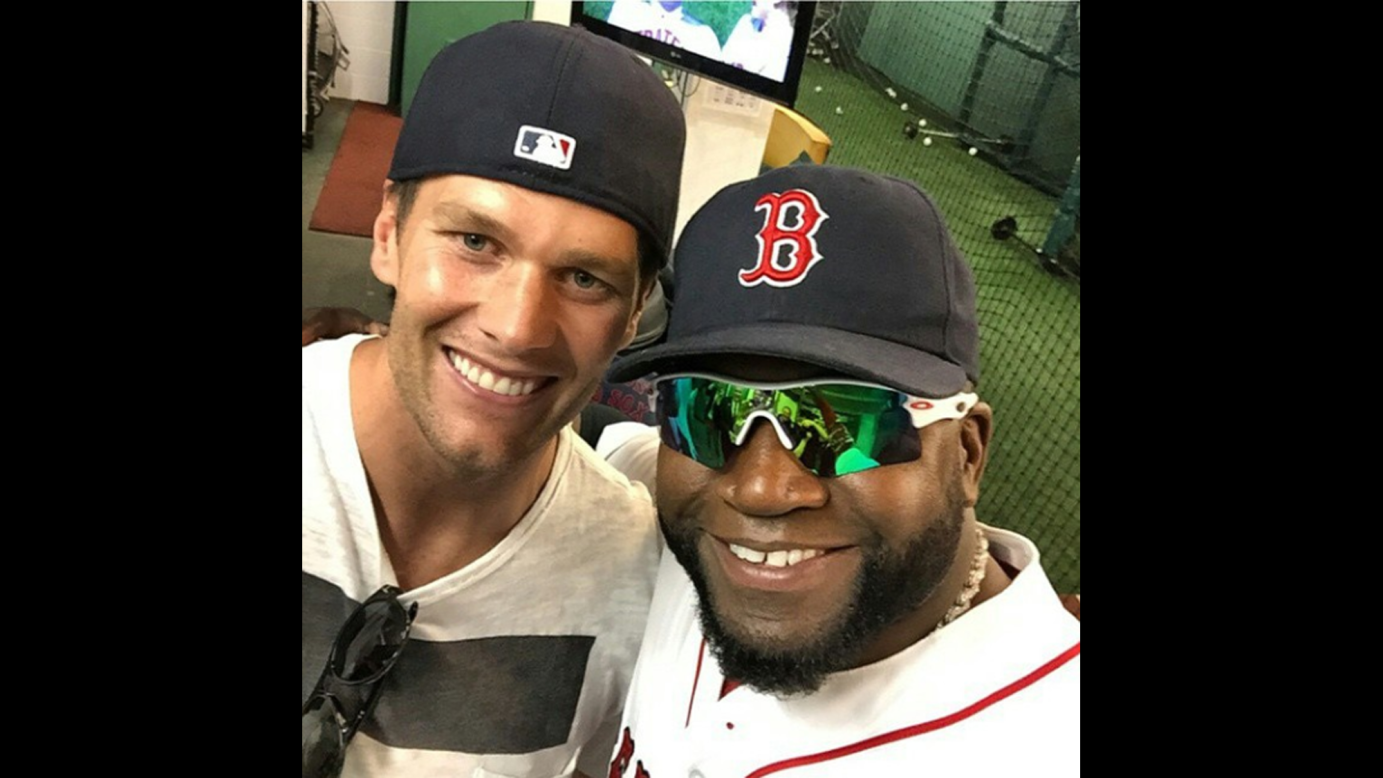 Two Boston-area sports stars -- Patriots quarterback Tom Brady, left, and Red Sox slugger David Ortiz -- take a selfie together on Monday, April 13. "With my boy the legend Tom Brady," <a href="https://instagram.com/p/1bqeMNsdqF/?taken-by=davidortiz" target="_blank" target="_blank">Ortiz said on Instagram. </a>