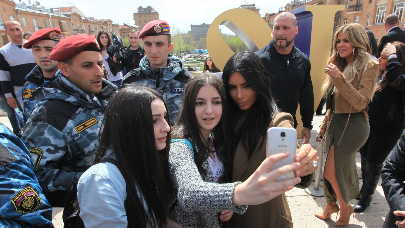 Television personality Kim Kardashian meets fans while doing some sightseeing in Yerevan, Armenia, on Thursday, April 9.
