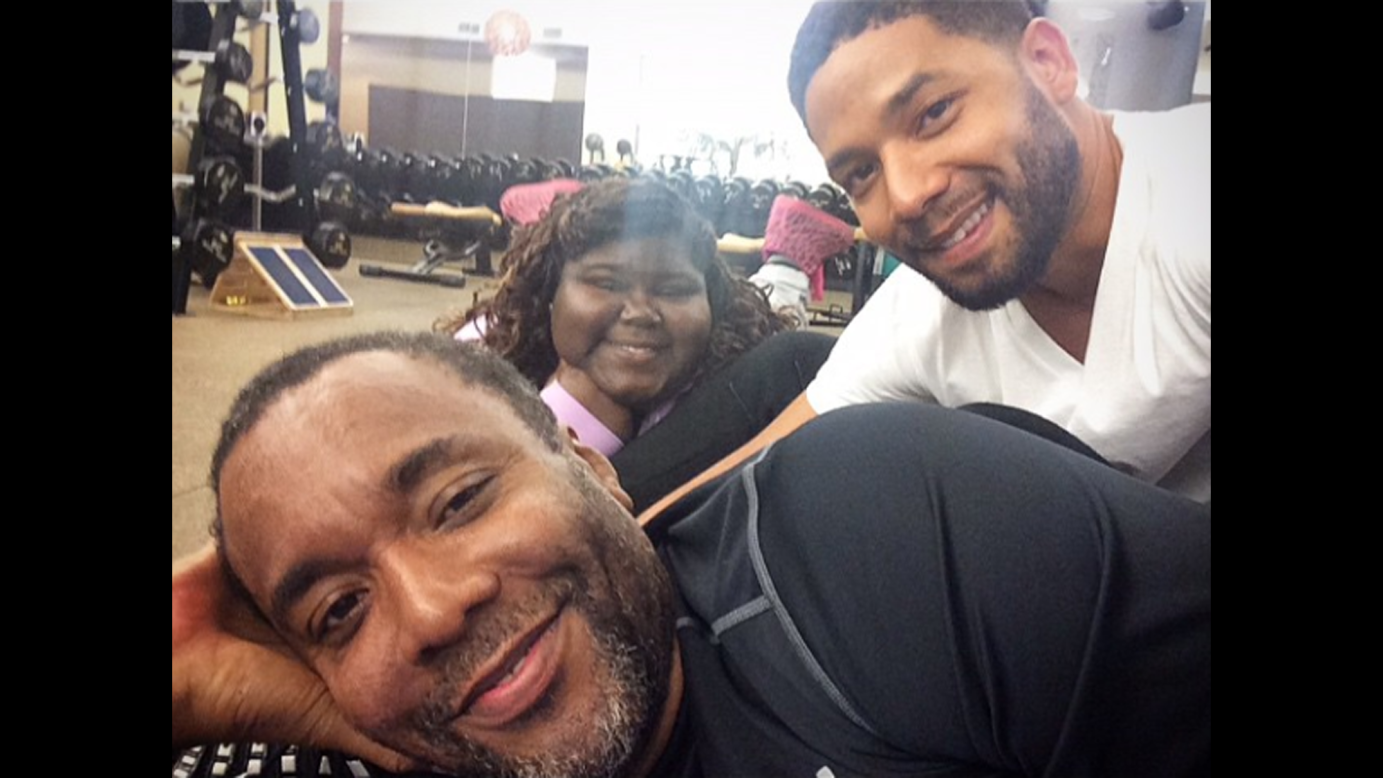 Actor Jussie Smollett, right, spends time in the gym with director Lee Daniels and actress Gabourey Sidibe on Thursday, April 9. "We worked out and now ain't doing nothing but talkin," <a href="https://instagram.com/p/1Q0NwMvXua/?taken-by=jussiesmollett" target="_blank" target="_blank">Smollett said on Instagram.</a>